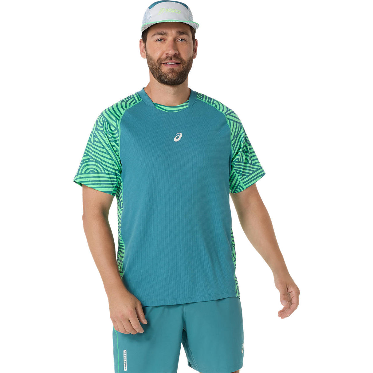 Asics Padel-T-Shirt mit Allover-Print, Kurzarm, Herren, Blau/Grün