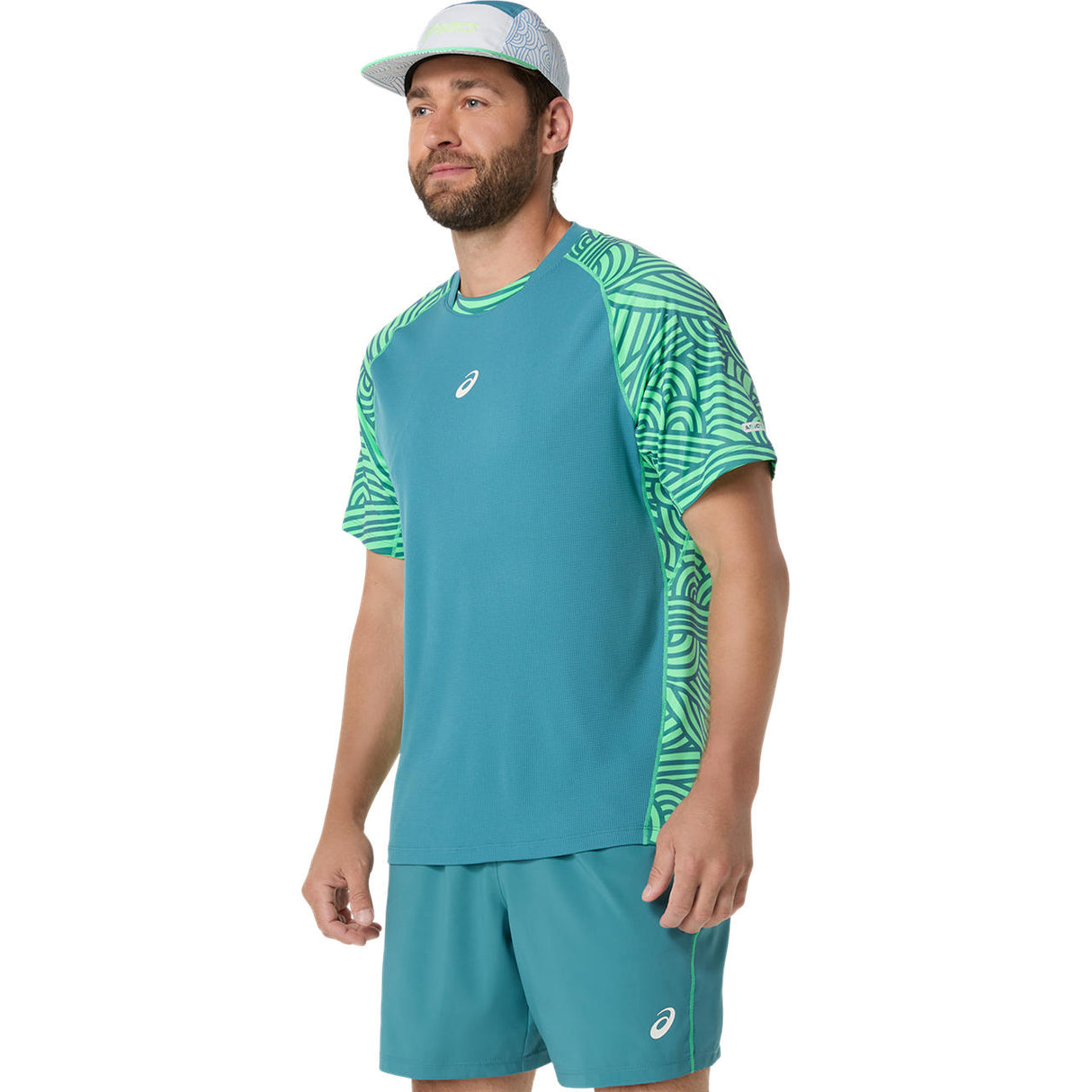 Asics Padel-T-Shirt mit Allover-Print, Kurzarm, Herren, Blau/Grün