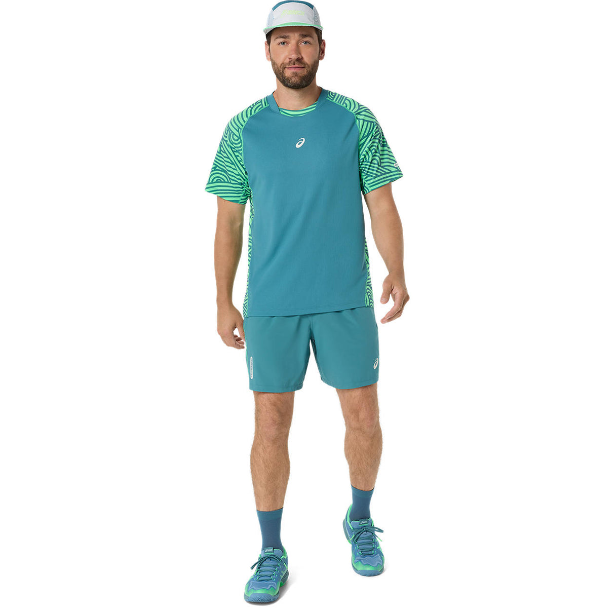 Asics Padel-T-Shirt mit Allover-Print, Kurzarm, Herren, Blau/Grün