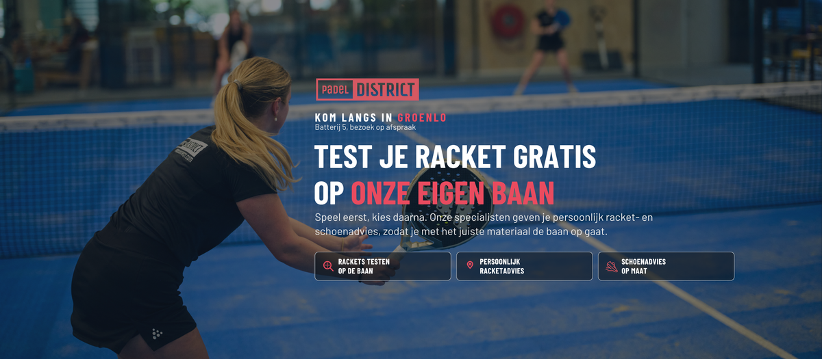 Kom langs in Groenlo, Batterij 5, bezoek op afspraak. Test je racket gratis op onze eigen baan. Speel eerst, kies daarna. Onze specialisten geven je persoonlijk racket- en schoenadvies, zodat je met het juiste materiaal de baan op gaat