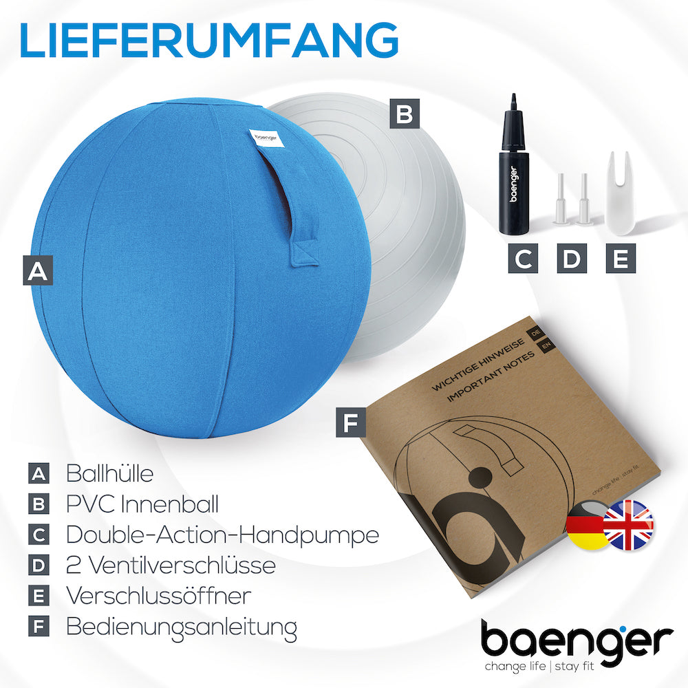 Baenger Fitness Yogaball, Gymnastikball – inkl. waschbarem Bezug und Pumpe – Blau