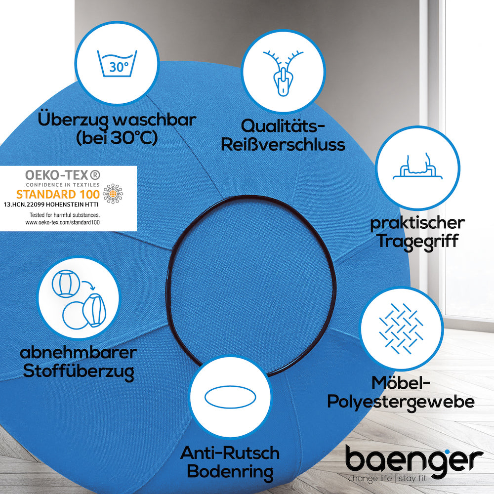 Baenger Fitness Yogaball, Gymnastikball – inkl. waschbarem Bezug und Pumpe – Blau